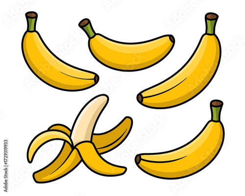 Five bright yellow bananas one peeled showing delicious white fruit content vector