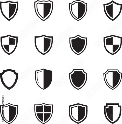 Collection of diverse shield silhouettes icons representing protection security and defense