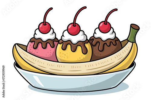 Delicious banana split dessert with three scoops of ice cream and cherries vector