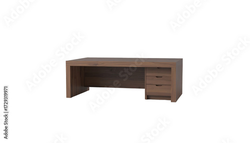 Contemporary wooden desk showcases minimalist design, featuring a rectangular shape, three drawers, and a wide surface ideal for work.