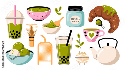 Flat lay collection of matcha tea drinks desserts and accessories for cafes vector