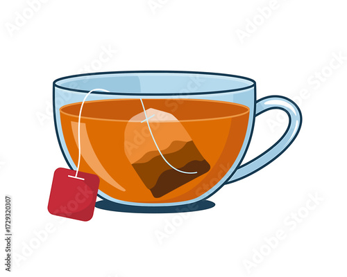 Clear glass cup filled with amber tea and red tea bag string and tag vector