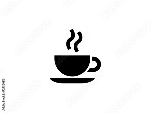 Minimalist black and white icon design of a steaming coffee cup and saucer vector