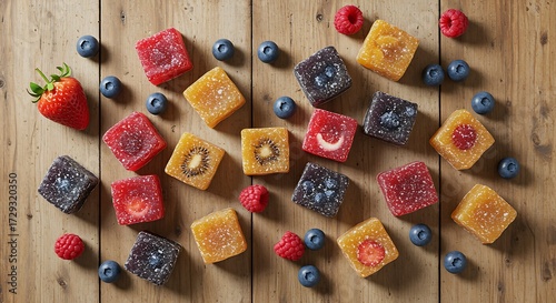 Vibrant assortment of frozen fruit cubes and berries scattered on a rustic wooden surface