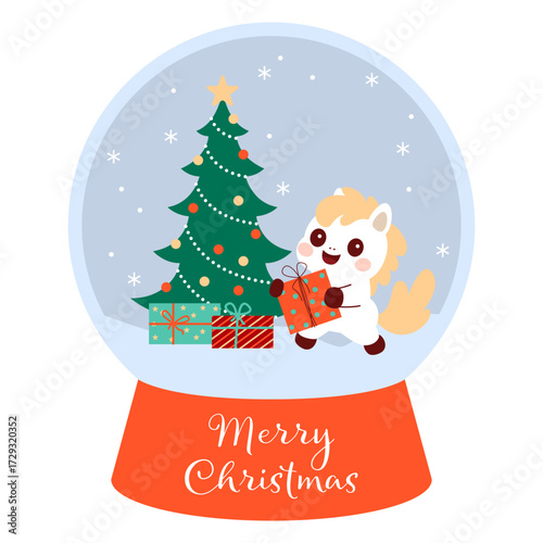 Snow globe with lucky horse. 2026 Symbol of Chinese New Year, Merry Christmas