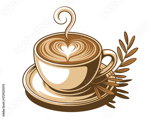 Steaming latte art coffee cup with heart design and garnish a delightful morning beverage vector