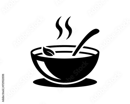 Simple black and white icon of a steaming bowl of soup with a spoon for delicious meals vector