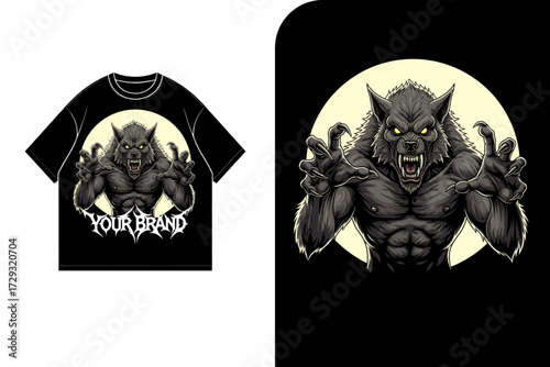 Werewolf design on a black t-shirt, with the same werewolf image isolated on a black background with a white circle behind it.