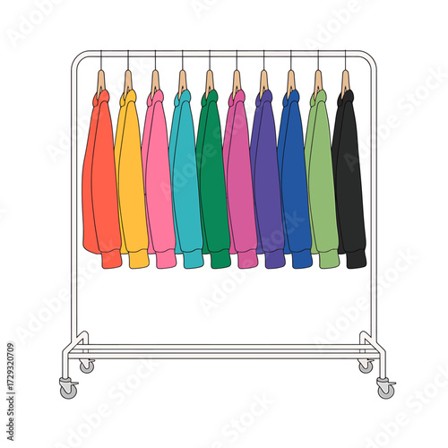 Minimalist clothing rack displaying assorted colorful garments hanging for fashion presentation vector
