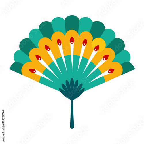 Decorative teal and yellow peacock feather fan