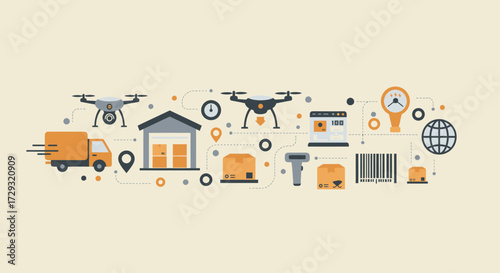 A precise flat design illustration featuring a collection of icons representing logistics and supply chain management technologies. 