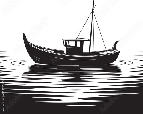 Solitary fishing boat silhouette floating on rippling water at dawn