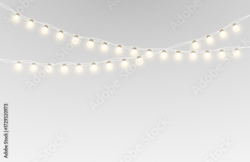 Festive Christmas lights and garland with glowing bulbs.