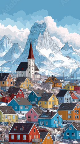 Cityscape of ilusat, city of Greenland, attractive touristic advertisement poster, beautiful touristic must-see destination. Beautiful tourist destination, in Northern europe. Amazing travel destinati