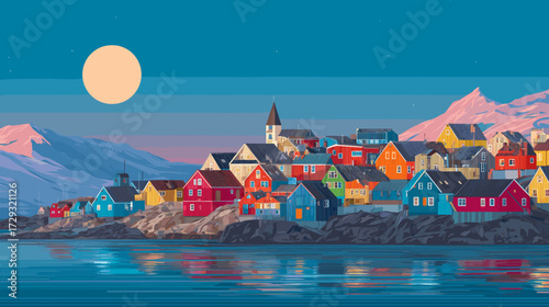 Cityscape of ilusat, city of Greenland, attractive touristic advertisement poster, beautiful touristic must-see destination. Beautiful tourist destination, in Northern europe. Amazing travel destinati