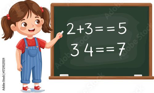 Cartoon girl teaching math on chalkboard, child learning numbers, classroom education illustration, happy student with blackboard, school learning concept vector