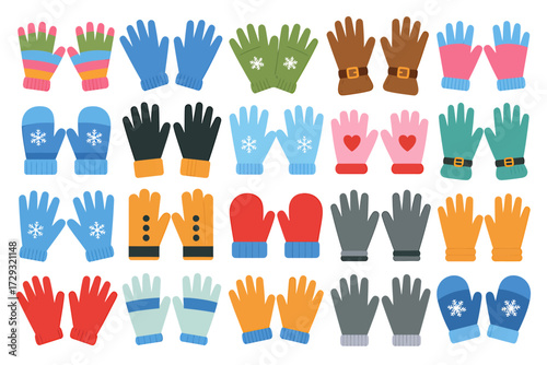 Collection of colorful winter gloves and mittens isolated on white background