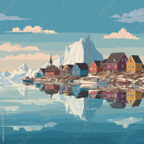 Cityscape of ilusat, city of Greenland, attractive touristic advertisement poster, beautiful touristic must-see destination. Beautiful tourist destination, in Northern europe. Amazing travel destinati