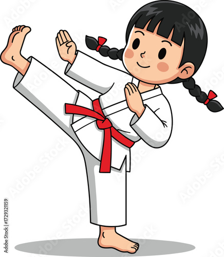 Cute cartoon girl performing karate kick in martial arts uniform with red belt, training child athlete, discipline, focus, confidence, vector illustration