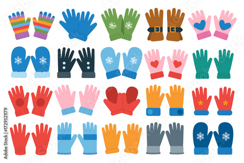 Set of colorful winter gloves and mittens isolated on white background