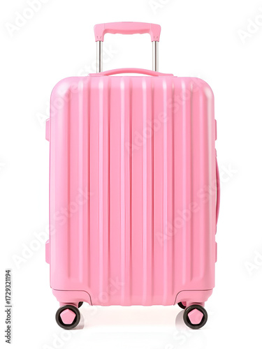 Pink rolling suitcase with raised handle isolated on a transparent background pink suitcase