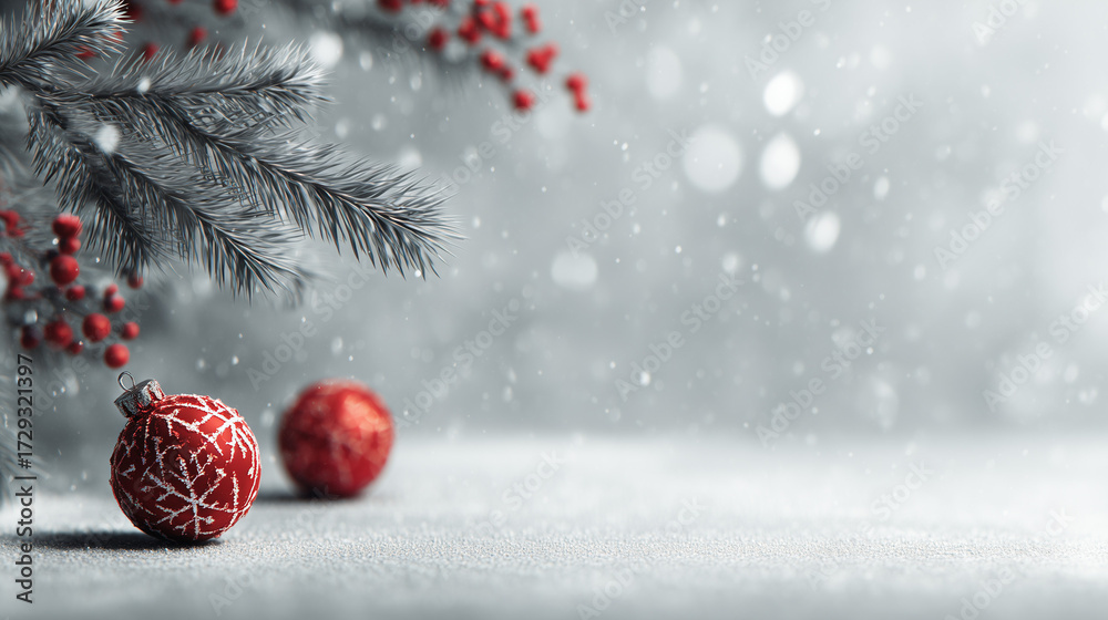 Obraz premium Snow falls softly on festive red ornaments nestled among frosty pine branches in a winter wonderland scene