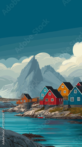 Cityscape of ilusat, city of Greenland, attractive touristic advertisement poster, beautiful touristic must-see destination. Beautiful tourist destination, in Northern europe. Amazing travel destinati