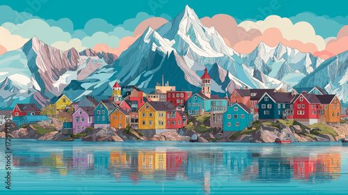 Cityscape of ilusat, city of Greenland, attractive touristic advertisement poster, beautiful touristic must-see destination. Beautiful tourist destination, in Northern europe. Amazing travel destinati