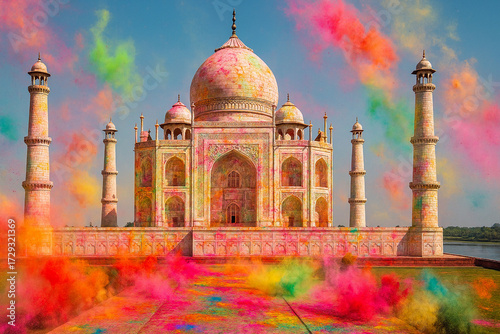 the taj mahal during holi paghwa celebrations with colored powders on the monument, in the air and on the ground.