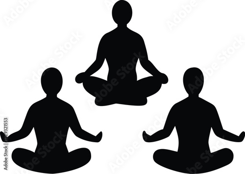 Silhouette of a diverse group of people meditating in a circle practicing yoga and mindfulness isolated on transparent background