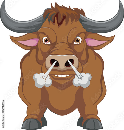 Cartoon bull vector, angry animal, steam nostrils, aggressive pose, brown fur, strong character, children clipart, white background, emotion illustration