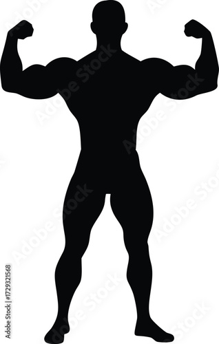 Powerful male bodybuilder silhouette flexing muscles in a dynamic standing pose isolated on transparent background