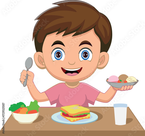 Cartoon child eating vector, happy mealtime illustration, healthy food, sandwich, salad, ice cream, water glass, white background, kids nutrition