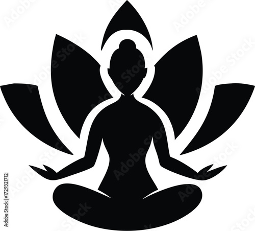 Serene silhouette of a woman meditating under a blooming lotus flower isolated on transparent background