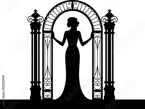Elegant silhouette woman standing archway vintage gate ornate entrance vector