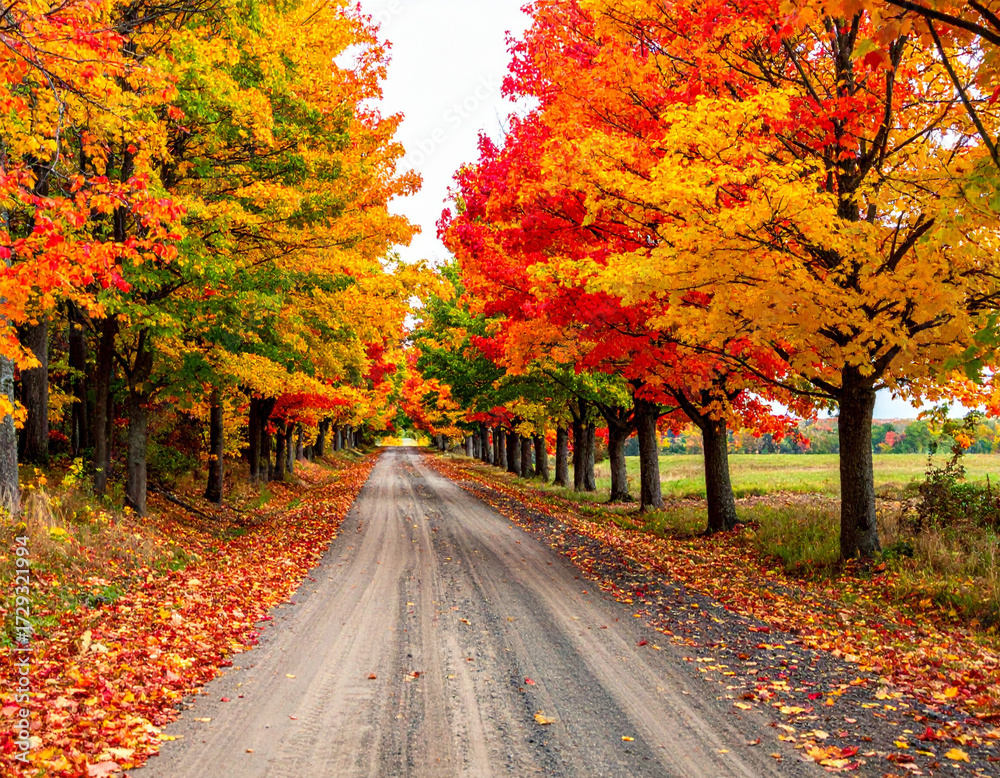 Naklejka premium Colorful trees line an autumn dirt road, cut out - stock png