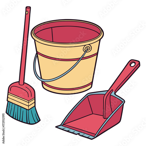 Vector illustration of cleaning tools including broom, bucket, and dustpan. Perfect for household, hygiene, and sanitation themed designs.