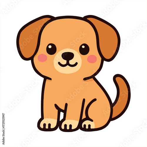 Cute, happy puppy cartoon vector illustration of an adorable brown dog with a wagging tail and smiling fun face. editable vector design for children book design.