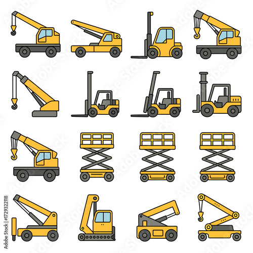 Collection of construction vehicles isolated on white background, including cranes
