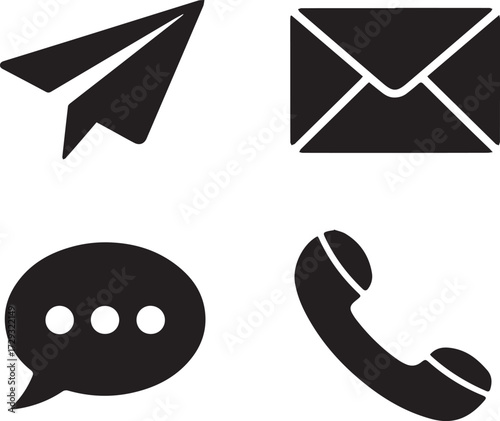 Four black communication icons paper plane envelope speech bubble and phone receiver