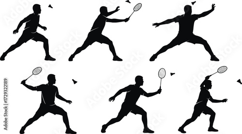 Badminton player silhouettes performing smash, serve, rally, and defensive actions with shuttlecock and racket in dynamic sports vector illustration design