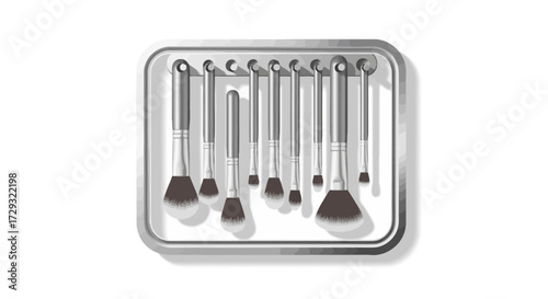 A collection of makeup brushes in a metallic frame, displayed neatly