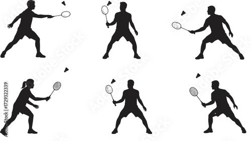 Badminton player silhouettes performing smash, serve, rally, and defensive actions with shuttlecock and racket in dynamic sports vector illustration design