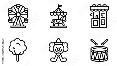 Vector art of amusement park icons featuring a ferris wheel, carousel, ticket booth, cotton candy, clown, and drum