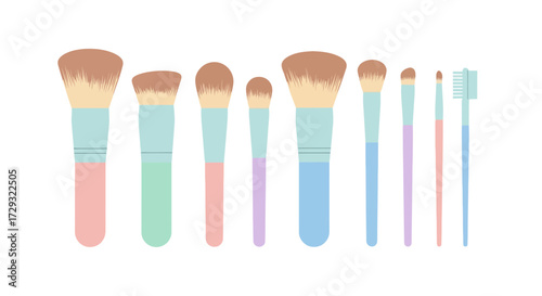 Assortment of pastel colored makeup brushes, ideal for cosmetic applications