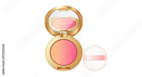 Blush compact with mirror and applicator for a makeup look, golden design