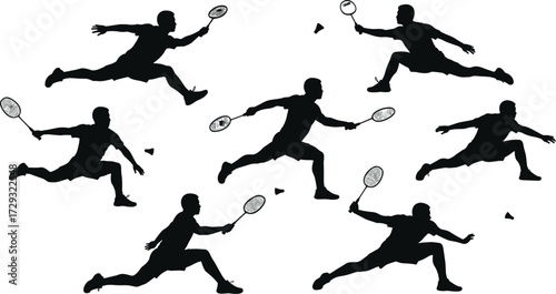 Badminton player silhouettes performing smash, serve, rally, and defensive actions with shuttlecock and racket in dynamic sports vector illustration design