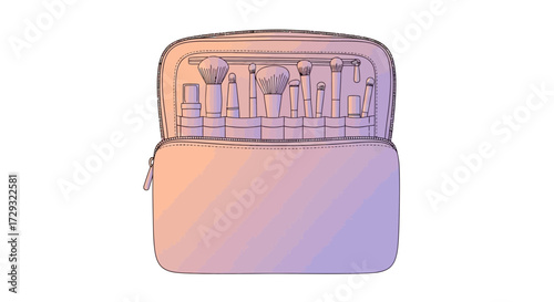 Charming cosmetic bag with watercolor hues showcasing an array of brushes