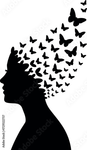 Silhouette woman head butterflies escaping creative transformation vector