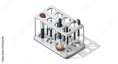 Cosmetic brushes neatly arranged in a holder, showcasing beauty accessories